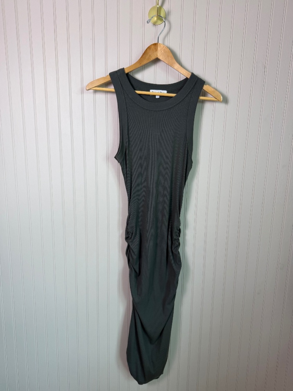 Michael Stars Charcoal Ruched Midi Dress Size S Sleeveless Ribbed Bodycon